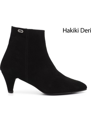 GÖNDERİ Kadın Siyah Süet  Fermuarlı Sivri Burun Hakiki Deri Bot