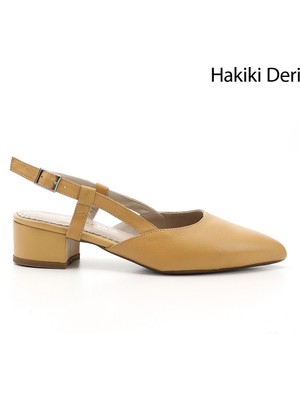 GÖNDERİ Kadın Hardal  Kalın Topuklu Arkası Açık Hakiki Deri Ayakkabı