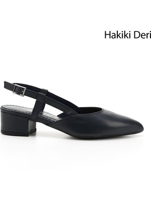 GÖNDERİ Kadın Lacivert  Kalın Topuklu Arkası Açık Hakiki Deri Ayakkabı