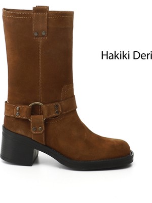 GÖNDERİ Kadın Taba  Kalın Topuklu Hakiki Deri Çizme