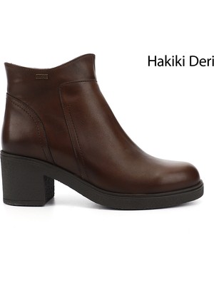 GÖNDERİ Kadın Kahve Antik  Fermuarlı Kalın Topuklu Hakiki Deri Bot