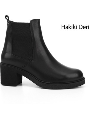 GÖNDERİ Kadın Siyah  Fermuarlı Kalın Topuklu Hakiki Deri Chelsea Bot