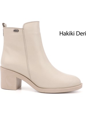 GÖNDERİ Kadın Bej  Fermuarlı Kalın Topuklu Hakiki Deri Bot