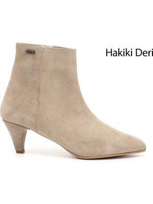 GÖNDERİ Kadın Bej  Fermuarlı Sivri Burun Hakiki Deri Bot