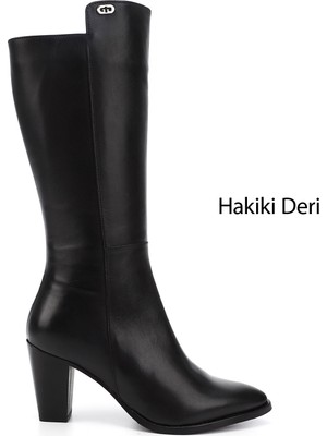 Gönderi® Kadın Siyah Sivri Burun Kalın Topuklu Hakiki Deri Çizme