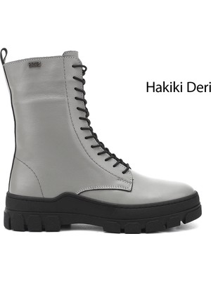 GÖNDERİ Kadın Gri  Fermuarlı Kauçuk Taban Hakiki Deri Postal Bot