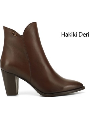 GÖNDERİ Kadın Kahve Antik  Fermuarlı Sivri Burun Hakiki Deri Bot