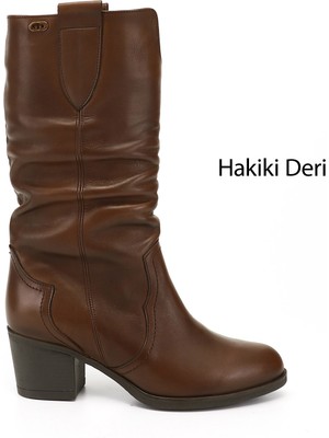 GÖNDERİ Kadın Kahve Antik  Kalın Topuklu Körüklü Hakiki Deri Çizme