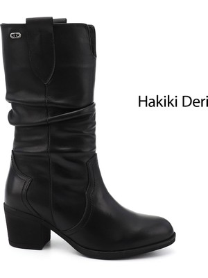 GÖNDERİ Kadın Siyah  Kalın Topuklu Körüklü Hakiki Deri Çizme