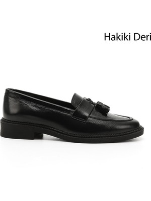 GÖNDERİ Kadın Siyah - Rugan Hakiki Deri Püsküllü Loafer Ayakkabı