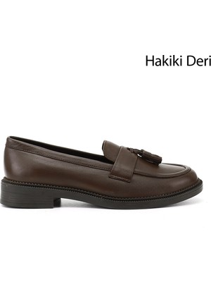 GÖNDERİ Kadın Kahve Antik  Hakiki Deri Püsküllü Loafer Ayakkabı