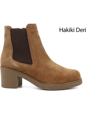 GÖNDERİ Kadın Taba  Fermuarlı Kalın Topuklu Hakiki Deri Chelsea Bot