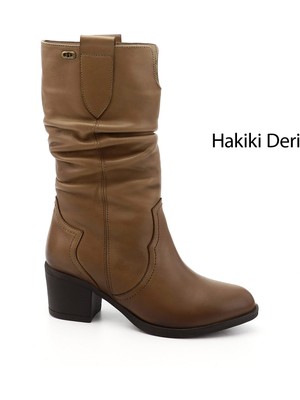 GÖNDERİ Kadın Vizon Antik  Kalın Topuklu Körüklü Hakiki Deri Çizme