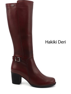 GÖNDERİ Kadın Antik Bordo  Fermuarlı Kalın Topuklu Hakiki Deri Çizme
