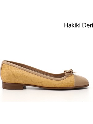 GÖNDERİ Kadın Hardal  Fiyonklu Hakiki Deri Babet