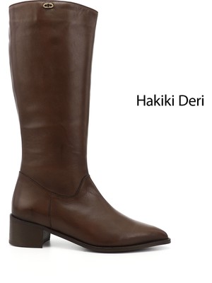 Gönderi(r) Kadın Kahverengi Sivri Burun Kalın Topuklu Hakiki Deri Çizme