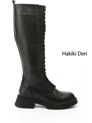 Gönderi(r) Kadın Haki Fermuarlı  Kalın Topuklu Hakiki Deri Postal Çizme