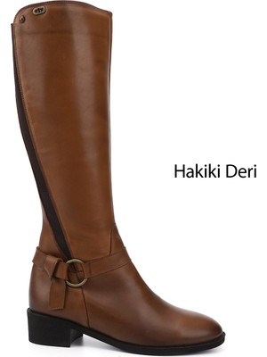 GÖNDERİ Kadın Taba Antik  Fermuarlı Kalın Topuklu Hakiki Deri Çizme