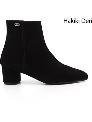 GÖNDERİ Kadın Siyah Süet  Fermuarlı Sivri Burun Hakiki Deri Bot