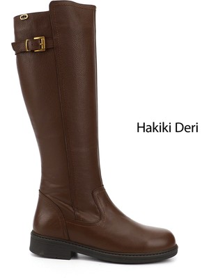 GÖNDERİ Kadın Kahve  Fermuarlı Kauçuk Taban Hakiki Deri Çizme