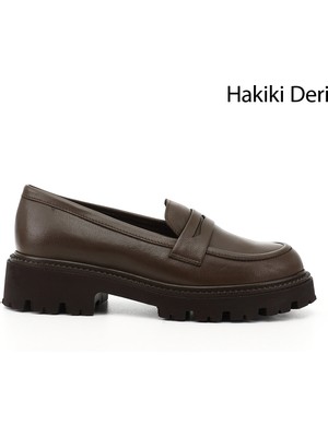 GÖNDERİ Kadın Kahve Antik  Kalın Topuklu Hakiki Deri Loafer Ayakkabı