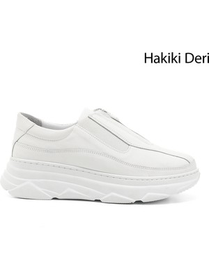 GÖNDERİ Kadın Beyaz  Fermuarlı Dolgu Taban Hakiki Deri Sneaker