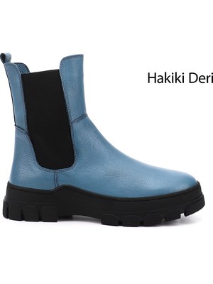 GÖNDERİ Kadın Mavi  Kauçuk Taban Hakiki Deri Chelsea Bot