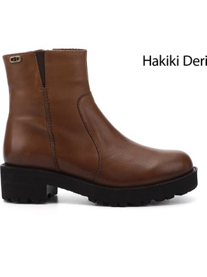 GÖNDERİ Kadın Taba Antik  Fermuarlı Kalın Topuklu Hakiki Deri Bot