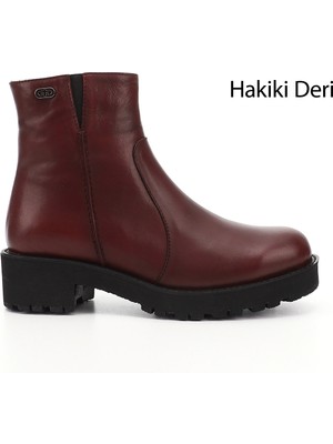 GÖNDERİ Kadın Bordo  Fermuarlı Kalın Topuklu Hakiki Deri Bot