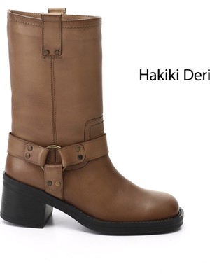 GÖNDERİ Kadın Vizon Antik  Kalın Topuklu Hakiki Deri Çizme