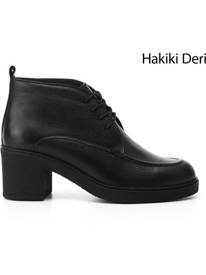 GÖNDERİ Kadın Siyah Floter  Fermuarlı Kalın Topuklu Hakiki Deri Bot