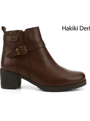 GÖNDERİ Kadın Kahve  Fermuarlı Kalın Topuklu Hakiki Deri Bot