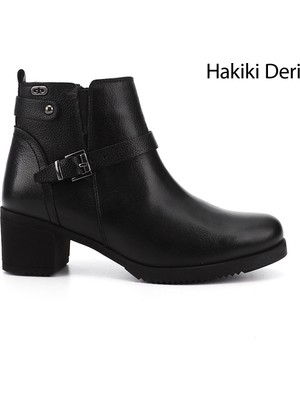 GÖNDERİ Kadın Siyah Floter  Fermuarlı Kalın Topuklu Hakiki Deri Bot