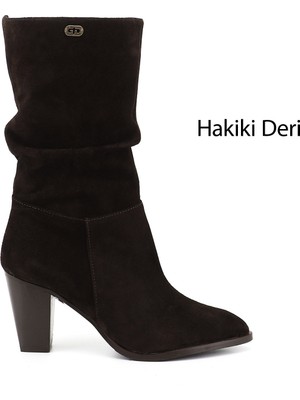 GÖNDERİ Kadın Kahverengi - Süet  Sivri Burun Körüklü Kalın Topuklu Hakiki Deri Çizme