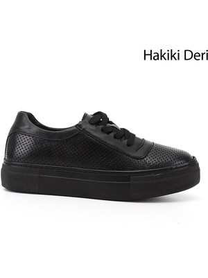GÖNDERİ Kadın Siyah  Bağcıklı Dolgu Taban Hakiki Deri Sneaker