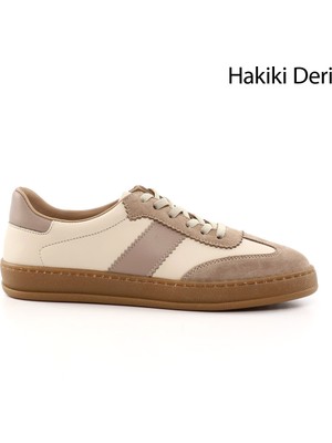 GÖNDERİ Kadın Bej  Bağcıklı Hakiki Deri Sneaker