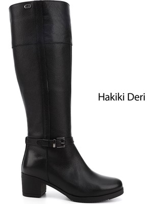 Gönderi® Kadın Siyah Floter Fermuarlı Kalın Topuklu Hakiki Deri Çizme