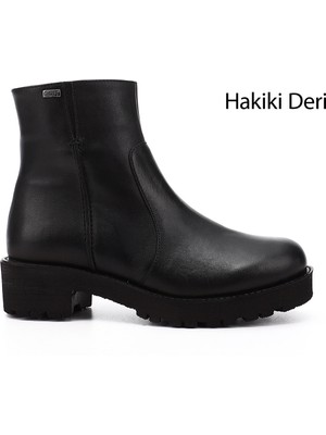 GÖNDERİ Kadın Siyah  Fermuarlı Kalın Topuklu Hakiki Deri Bot