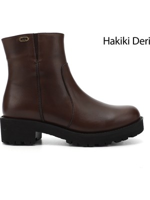 GÖNDERİ Kadın Kahve Antik  Fermuarlı Kalın Topuklu Hakiki Deri Bot