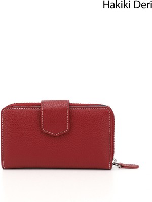 GÖNDERİ Kadın Kırmızı - Lacivert  Yatay Hakiki Deri Cüzdan