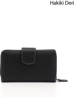 GÖNDERİ Kadın Siyah Deri  Yatay Hakiki Deri Cüzdan