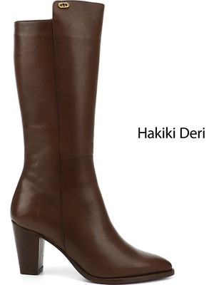 GÖNDERİ Kadın Kahve Antik  Sivri Burun Kalın Topuklu Hakiki Deri Çizme