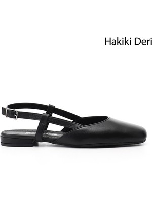 GÖNDERİ Kadın Siyah  Arkası Açık Hakiki Deri Babet