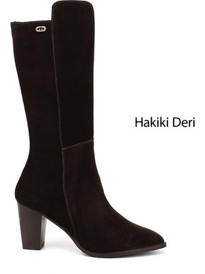 Gönderi® Kadın Kahve Süet Sivri Burun Kalın Topuklu Hakiki Deri Çizme