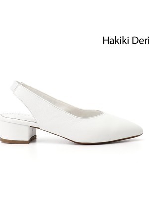 GÖNDERİ Kadın Beyaz  Kalın Topuklu Arkası Açık Hakiki Deri Ayakkabı
