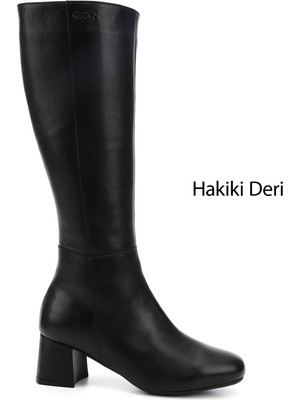 GÖNDERİ Kadın Siyah  Hakiki Deri Topuklu Fermuarlı Çizme