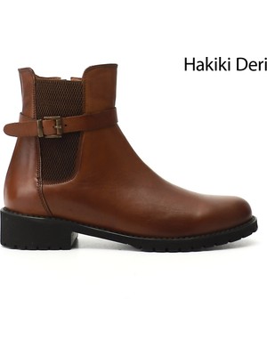 GÖNDERİ Kadın Taba Antik  Fermuarlı Kauçuk Taban Hakiki Deri Bot