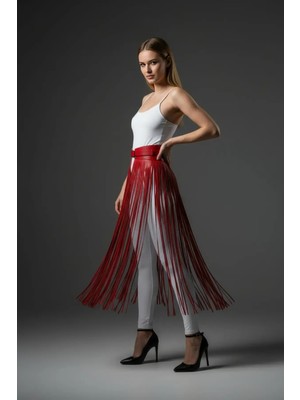 Moda Şahsenem Kırmızı Etek Uzun Püskül Detaylı Etek Suni Deri Etek - BRF1003