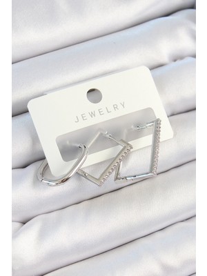 Vice Avm Pirinç Zirkon Taşlı Dikdörtgen Model Gümüş Renk 3'lü Çift Kadın Küpe Set - TJ-BKP10802 TG-V 9520