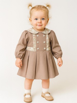  coco land dantel yaka süs düğmeli pileli 6-18 ay elbise - bej